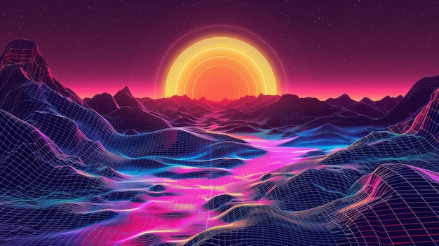 Fondo de retroondas de neón Paisaje de marco de alambre retro con plantilla de ilustración vectorial de sol brillante