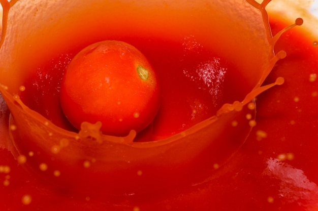 Fondo rojo de abarrotes de jugo de tomate con primer plano de salpicaduras de tomate