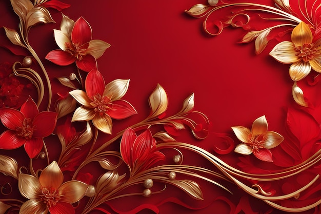 Fondo rojo abstracto con adornos dorados y flores.