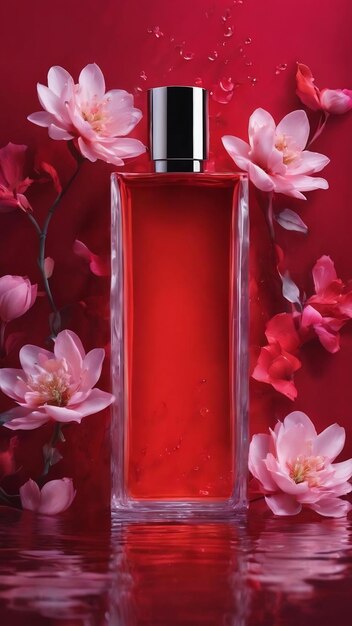 Fondo rojo abstracto con flores y colores contrastantes en fondo de agua para perfume cosmético p