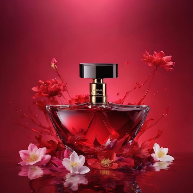 Fondo rojo abstracto con flores y colores contrastantes en fondo de agua para perfume cosmético p