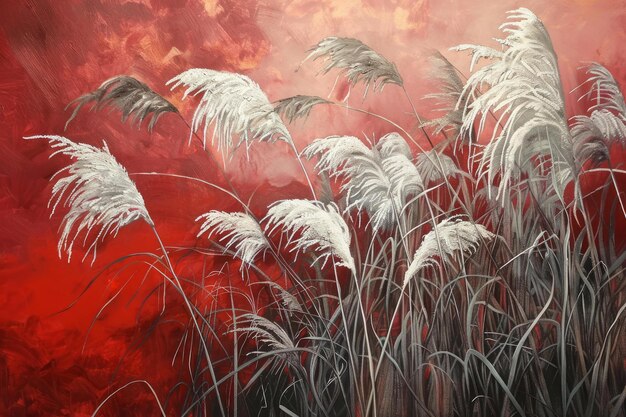 Fondo rojo abstracto con hierba blanca de la pampa