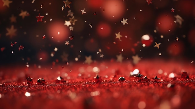 Un fondo rojo en blanco con bolas y estrellas como decoración navideña IA generativa