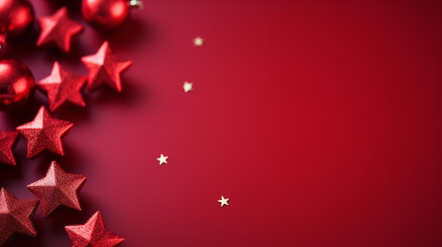 Un fondo rojo en blanco con bolas y estrellas como decoración navideña IA generativa