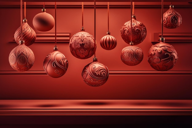 Un fondo rojo con bolas de navidad colgando del techo.