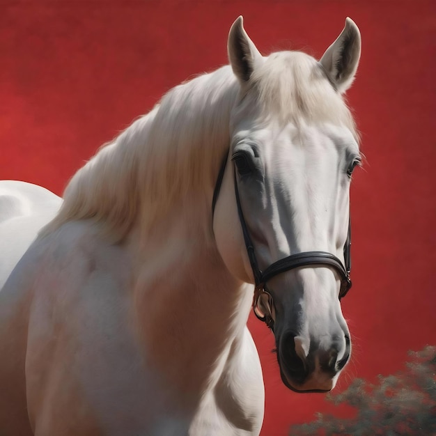 Un fondo rojo con un caballo blanco en él