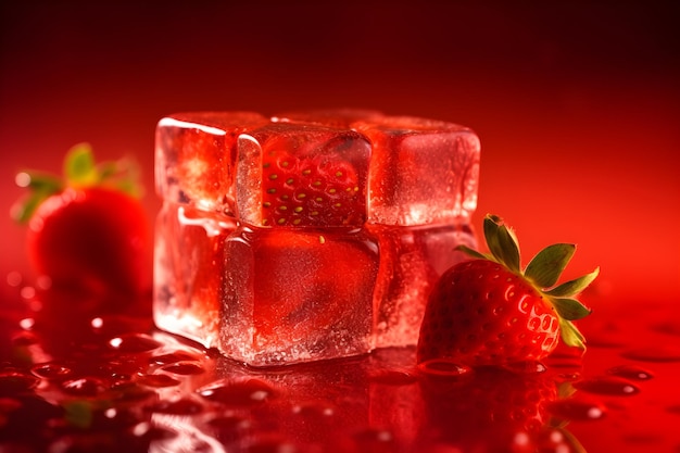 Un fondo rojo con cubitos de hielo y fresas.