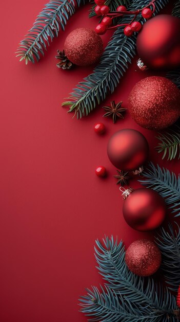 Fondo rojo con decoraciones navideñas y conos de pino