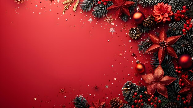 Fondo rojo con decoraciones navideñas y espíritu navideño