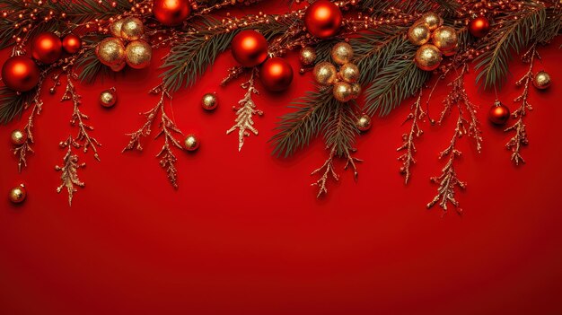 Fondo rojo decorado con ramas de abeto de Navidad y adornos de oro