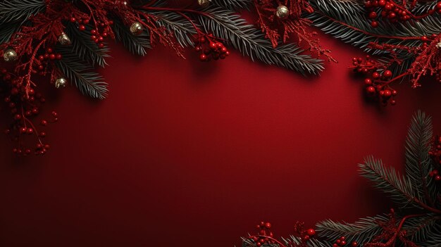 Fondo rojo decorado con ramas de abeto de Navidad y adornos de oro
