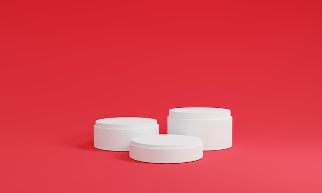 Fondo rojo. Escena de maqueta minimalista de tres podios blancos para cosméticos u otro producto, representación 3d