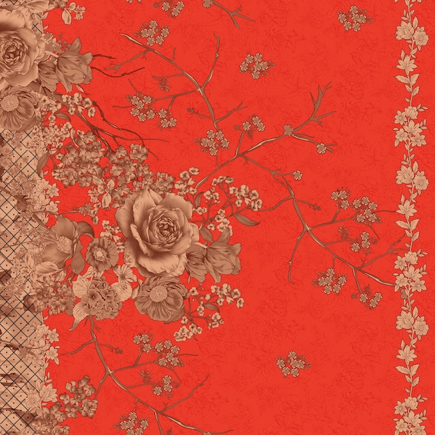 un fondo rojo con flores y un diseño de encaje