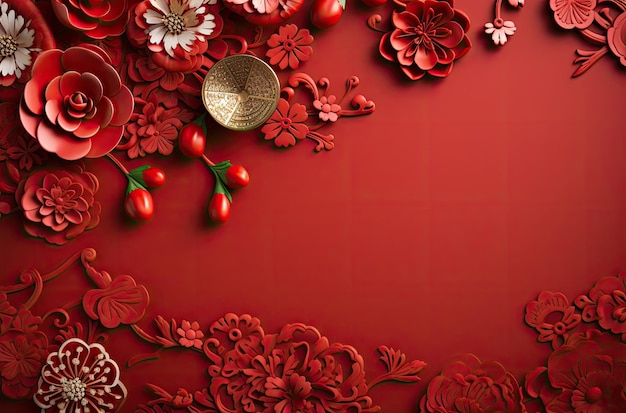 Fondo rojo con flores y elementos chinos