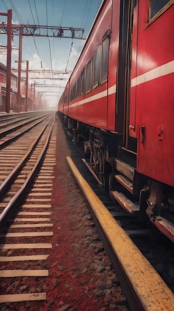 Un fondo rojo con una imagen de un tren y una línea en el medio