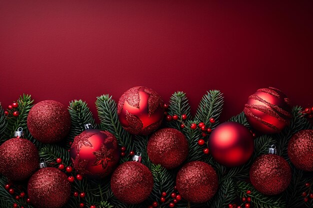 un fondo rojo con un montón de bolas de Navidad en él