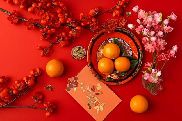 Un fondo rojo con naranjas y flores y una tarjeta con la palabra chino.