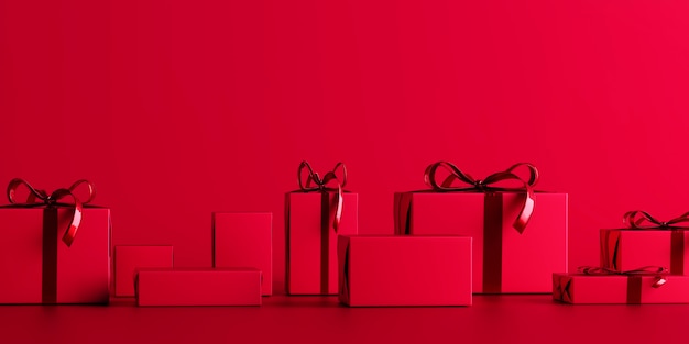 Fondo rojo de Navidad con cajas de regalo, render 3d, ilustración 3D