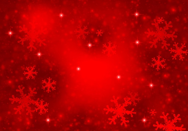 Fondo rojo de Navidad con copos de nieve y estrellas.