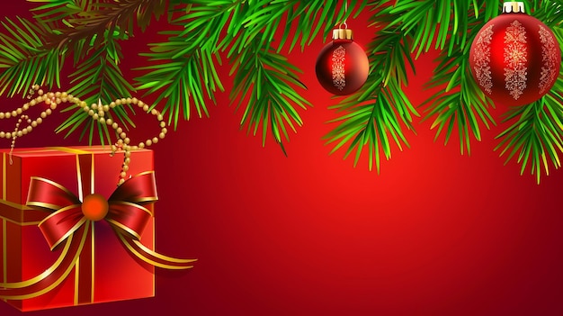 Fondo rojo con ramas de abeto bola y caja de regalo