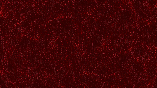 Fondo rojo de red de comunicación y tecnología con líneas y puntos móviles Hermosa textura de puntos ondulantes de movimiento con partículas desenfocadas brillantes