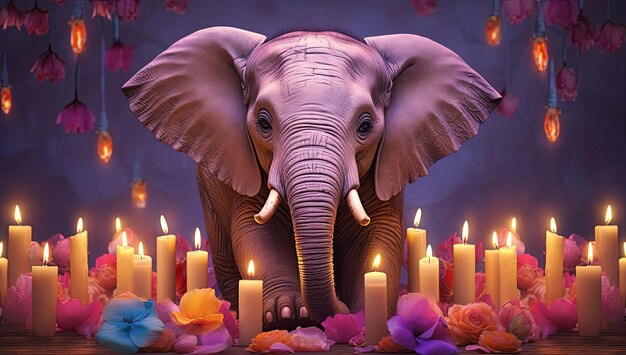 en un fondo rojo, rosa y azul un elefante encendido con velas