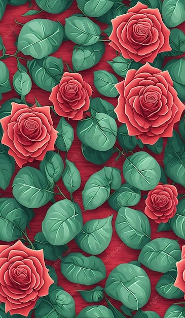 Un fondo rojo con una rosa roja y hojas verdes.