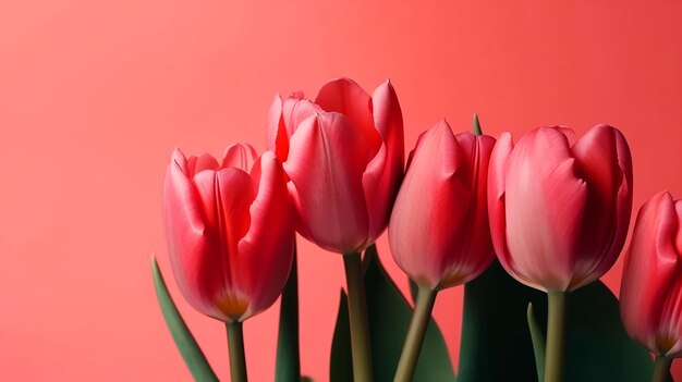 Un fondo rojo con tulipanes en el centro.
