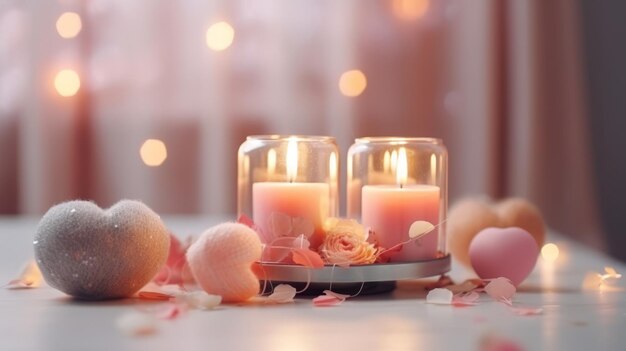 Fondo romántico del día de San Valentín con velas, corazón y bokeh