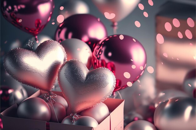 Fondo romántico realista con caja de regalo de globos en forma de corazón y efectos de luz sobre fondo borroso con confeti