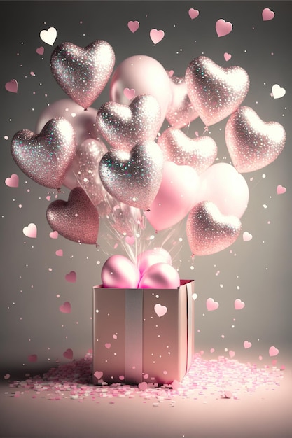 Fondo romántico realista con caja de regalo de globos en forma de corazón y efectos de luz sobre fondo borroso con confeti