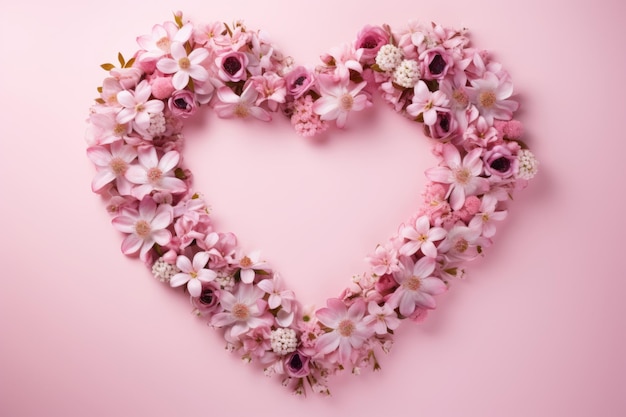 Fondo romántico rosa pastel Flores de primavera que crean un marco en forma de corazón Ilustración generativa de IA