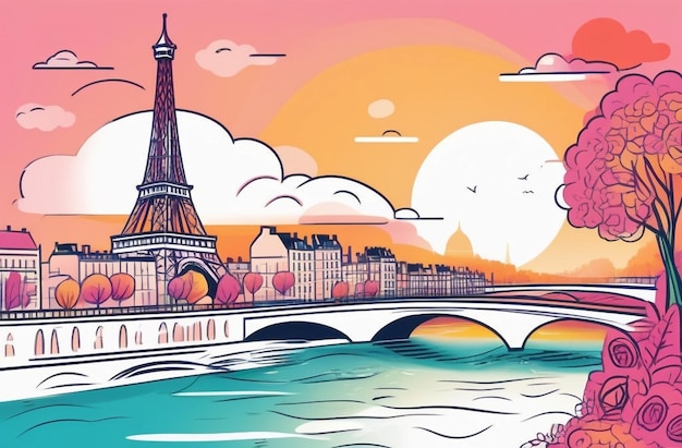 Foto fondo romántico torre eiffel con barcos en el río sena en parís francia ilustración