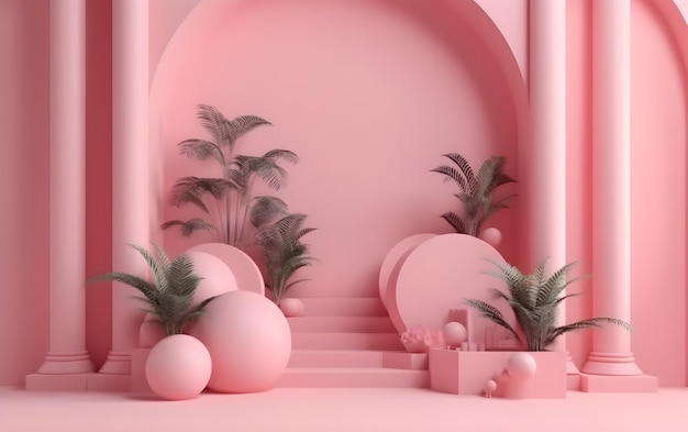 fondo rosa con un arco y palmeras