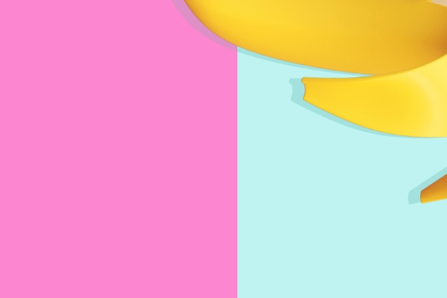 Fondo rosa y azul con plátano amarillo