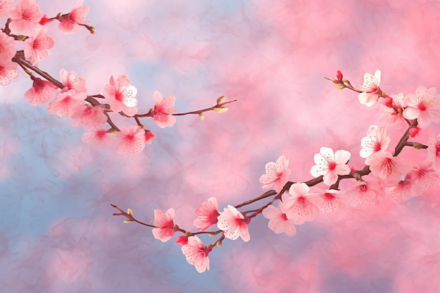 Un fondo rosa y azul con una rama de flores de cerezo.