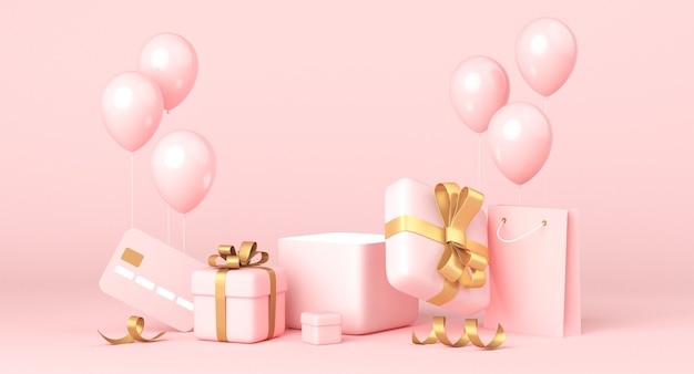 Fondo rosa, cajas de regalo doradas y globos, espacio en blanco. Diseño simple y limpio, maqueta minimalista de lujo. Representación 3d