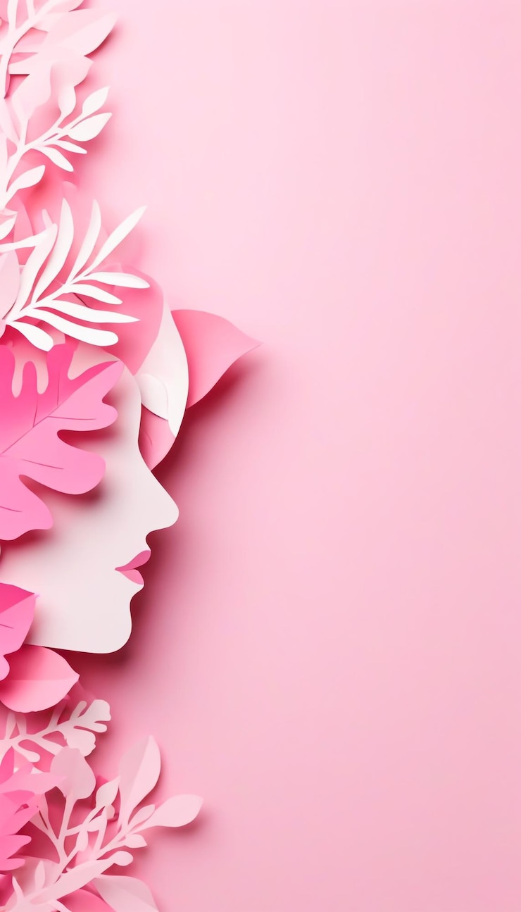 Foto un fondo rosa con la cara de una mujer y papel rosa con una flor en él