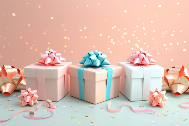 un fondo rosa con una cinta azul y una caja de regalos con un arco rosa3D caja de regalo celebración de cumpleaños