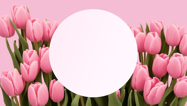 Un fondo rosa con un círculo blanco que dice tulipanes.