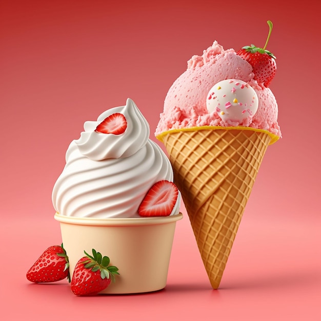 Un fondo rosa con un cono de helado de fresa y un cono con fresas.