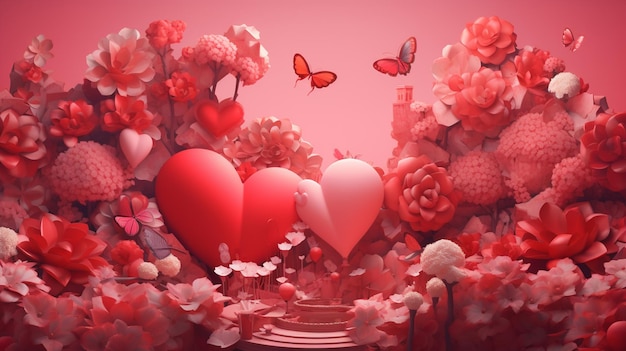 fondo rosa decorado con globos de corazón y flores