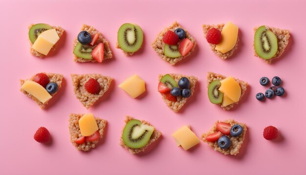 un fondo rosa con diferentes tipos de frutas y una galleta