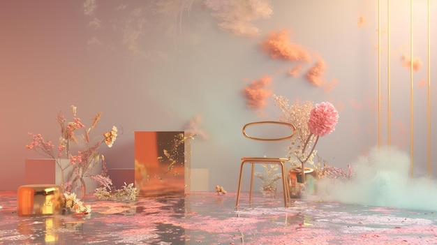 Fondo rosa y dorado abstracto con un podio para la presentación del producto decoración floral