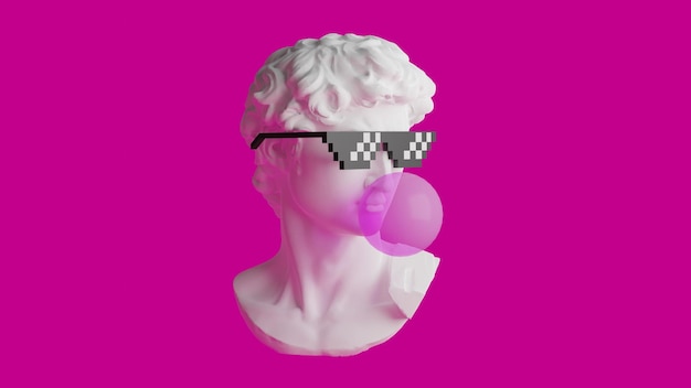 Un fondo rosa con una estatua con gafas de sol y chicle.