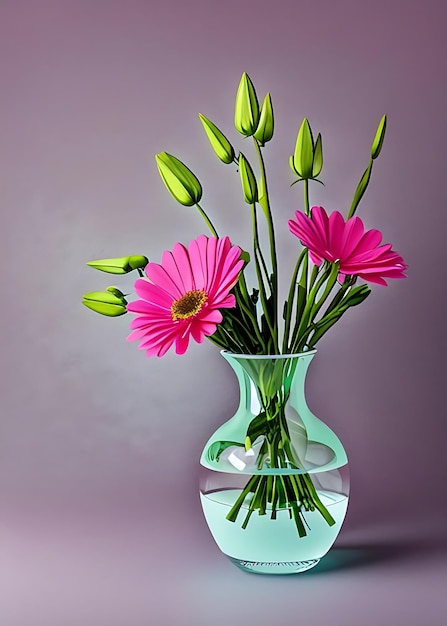 Un fondo rosa con un florero de cristal.