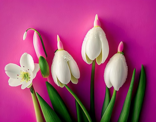 Un fondo rosa con flores blancas y uno tiene una flor blanca.