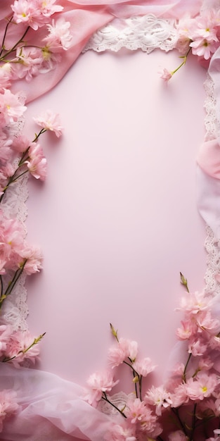 un fondo rosa con flores y un encaje blanco