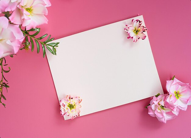 Un fondo rosa con flores y un espacio de copia de tarjeta blanca