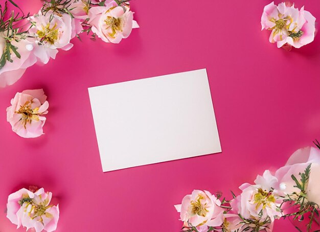 Un fondo rosa con flores y un espacio de copia de tarjeta blanca